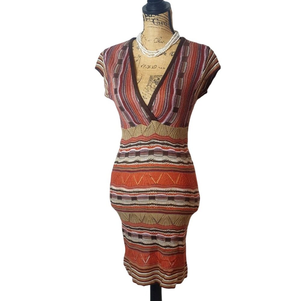 VTG Knit Minded Womens Knit Dress M Nature Multicolor Striped V-Neck Stretchy
